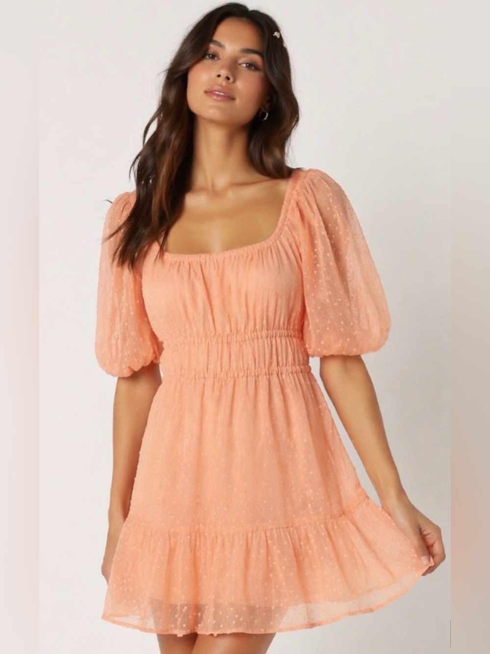 Chelsea 28 Swiss Dot Smocked Puff Sleeve Mini Dress Medium Peach